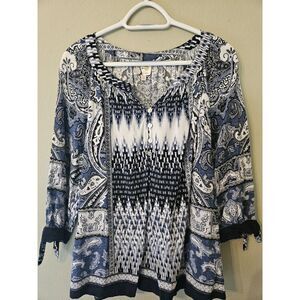 Fig & Flower Top Womens Size‎ 2XL Blue Paisley Print 3/4 Sleeve Blouse